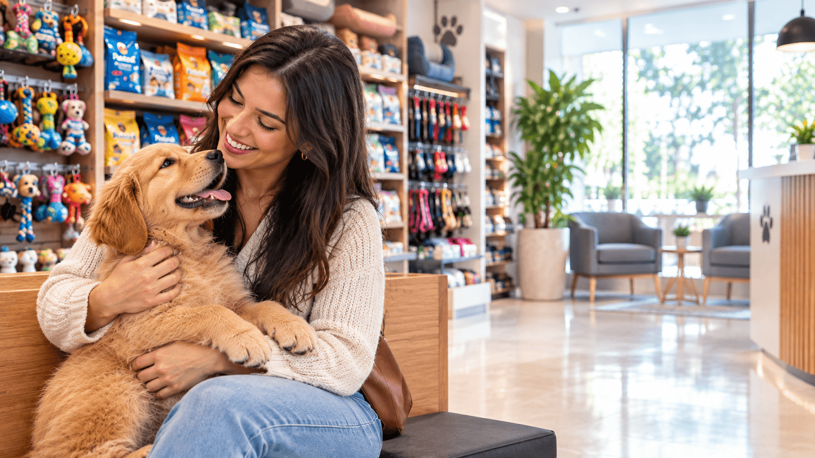Tutor e cão em uma loja pet